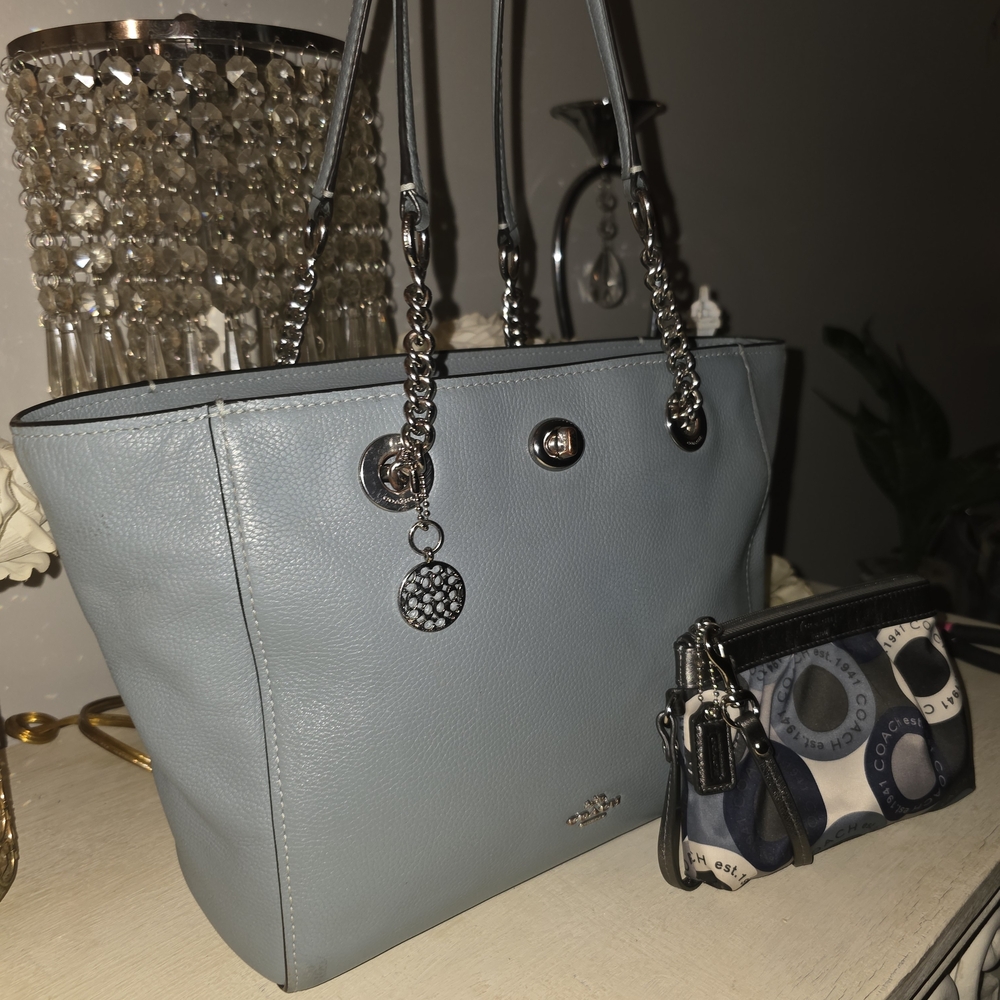 Coach Light Blue Tote Bag with Silver Accents